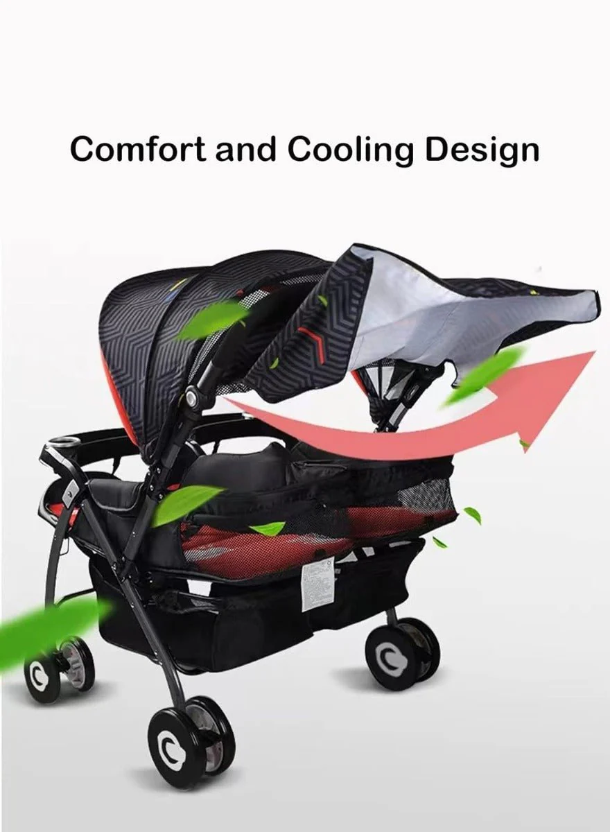 Little Bunnies Twin Pram with Independent Reclining Seats | Lightweight Foldable Double Stroller | XL Canopy | Swivel Wheels | Parent Cup Holder | Spacious Storage Basket