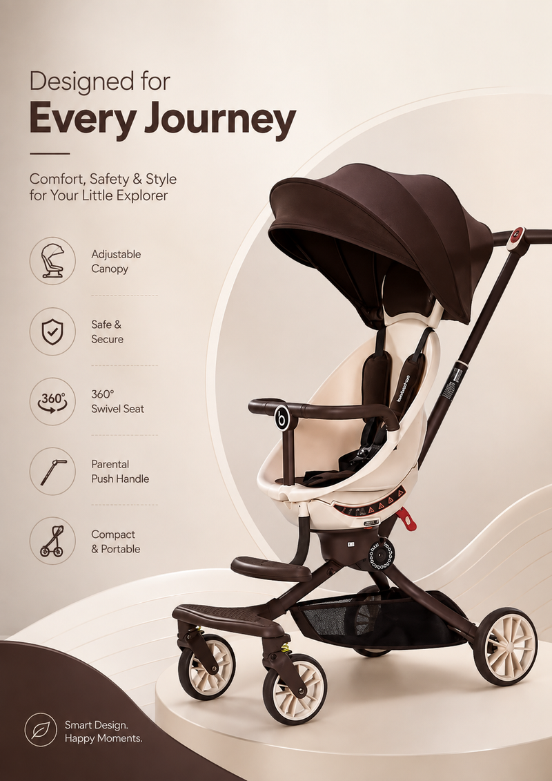 Reversible 360° Rotating Seat | Adjustable Handle | Shock Absorbing Wheels | Foldable Baby Pram | Aluminium Alloy Frame | 16 Months to 15 Kg | 4 Layers Canopy | Breathable Leather Pillows | Egg Shell Holders | Free Cotton Pads