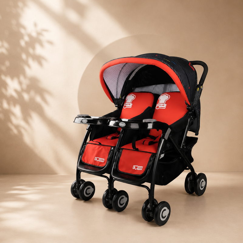 Independent Reclining Seats | Lightweight Foldable Double Stroller | XL Canopy | Swivel Wheels | Parent Cup Holder | Spacious Storage Basket | 40 - 50 Kg Total Weight Capacity | Adjustable Footrest | Removable armrest