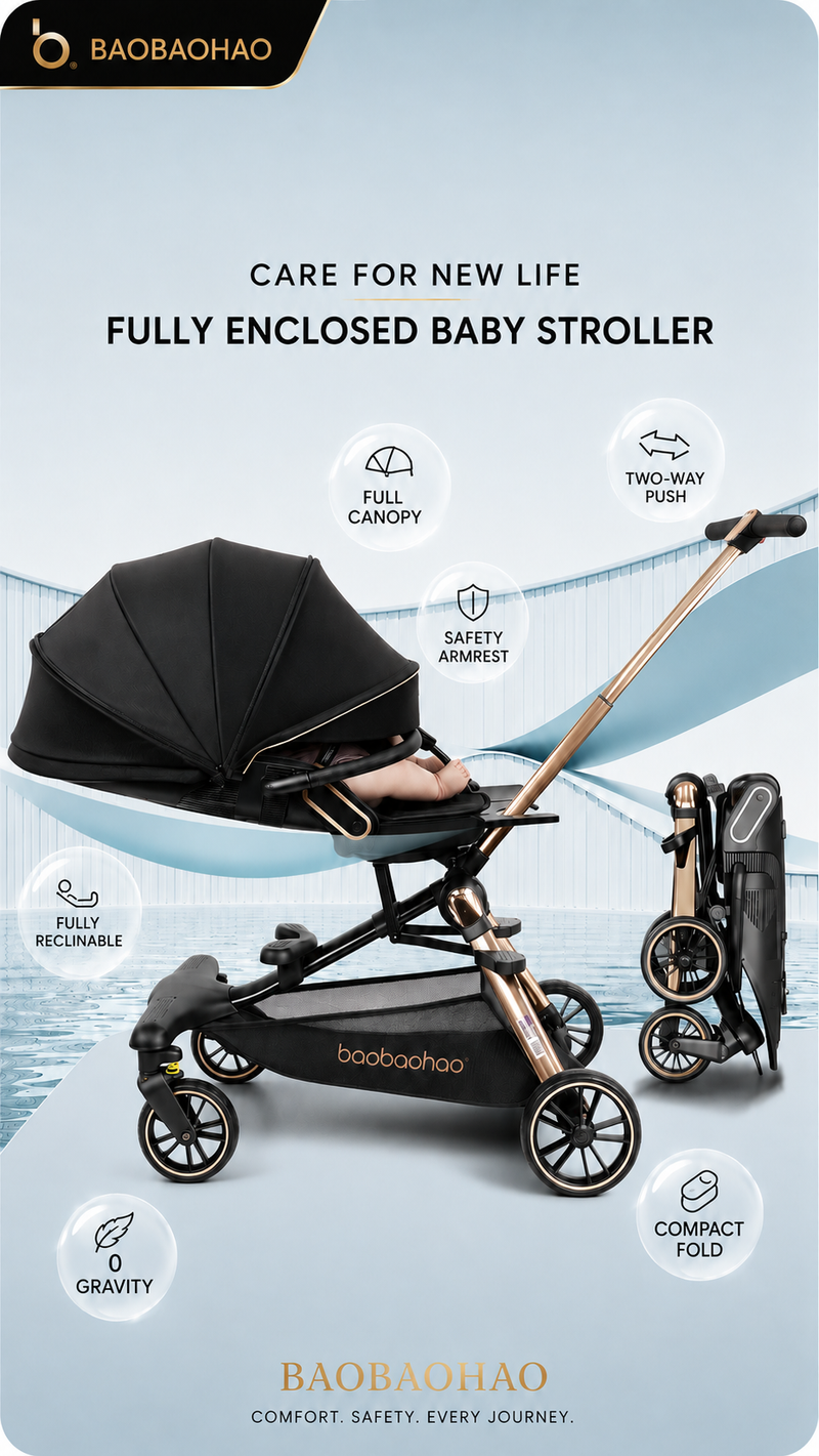  360° Rotating Reversible Seat | Ultra Lightweight Aluminium Frame | UPF 50++ Canopy | Pyramid Mechanism Structure for stability | Electroplated Push handle | Magnetic Peek a Boo Window | Auto Lock Folding