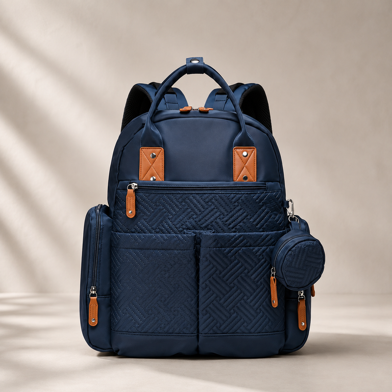 Premium Quilted Design | Wet & Dry Separation Pocket | Insulated Bottle Compartments | Large Capacity Storage | Organized Interior | Built-in Key Leash | Side Tissue Pocket | Side Zipper Pocket | Padded Shoulder Straps | Top Carry Handles | Detachable Pouch | Everyday Travel Ready